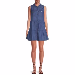 Derek Heart Juniors' Sleeveless Tiered Button Down Denim Dress