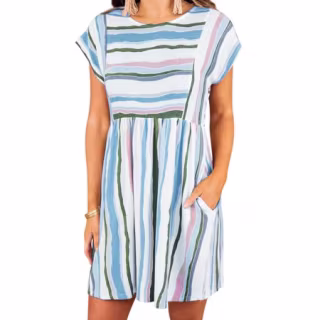 ZXZY Women Stripe Printed Round Neck Short Sleeves Mini Dress with Pockets
