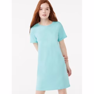 Free Assembly Women's Short Sleeve T-Shirt Dress with Cuffed Sleeves