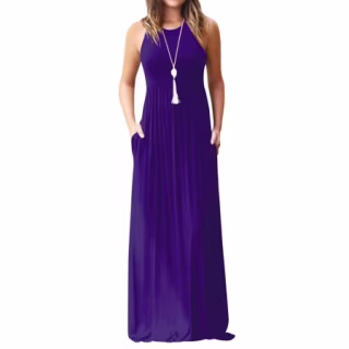 Women Round Neck Sleeveless Pure Color Long Dress with Pocket