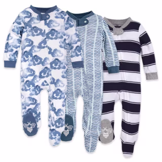 Burt's Bees Moonlight Clouds Organic Baby Zip Front Loose Fit Footed Pajamas 3 Pack