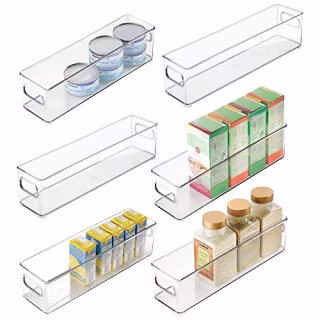 mDesign Slim Plastic Stackable Food Storage Container Bin, Handles for Kitchen, Pantry, Cabinet, Fridge, Freezer - Long Narrow Organizer Holds Snacks, Produce, Vegetables, Pasta - 2 Pack - Smoke Gray