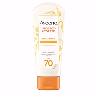 Aveeno Protect + Hydrate Moisturizing Sunscreen Lotion with Broad Spectrum SPF 70 &amp; Antioxidant Oat, Oil-Free, Sweat- &amp; Water-Resistant Sun Protection, Travel-Size, 3 oz