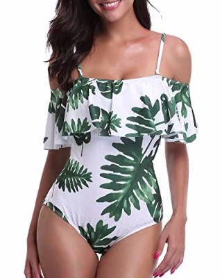 Tempt Me Women One Piece Vintage Printed Off Shoulder Flounce Ruffled Swimwear