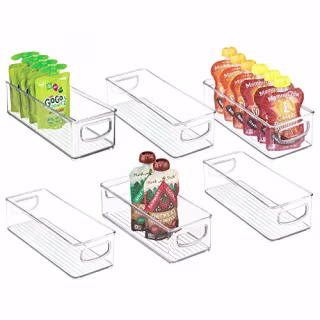 mDesign Stackable Plastic Kitchen Pantry Cabinet, Refrigerator or Freezer Food Storage Bins with Handles - Organizer for Fruit, Yogurt, Squeeze Pouches - Food Safe, BPA Free, 10" Long, 6 Pack - Clear