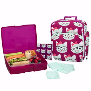 Bentology Lunch Bag and Box Set for Girls - Includes Insulated Durable Tote Bag with Handle and bottle holder, Bento Box, 5 Containers and Ice Pack - BPA & PVC Free (Kitty)
