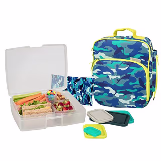 Bentology Lunch Bag and Box Set- Durable Insulated Tote w Bottle Holder- Boys School Lunchbox Includes Bento Box, 5 Containers & Ice Pack - BPA & PVC Free - Camo