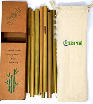 ECO/EGO reusable organic 8" bamboo straws. Set of 12 biodegradable and reusable straws w/brush and travel pouch. ethically sourced. 10% of profits donated to sea turtle rescue.