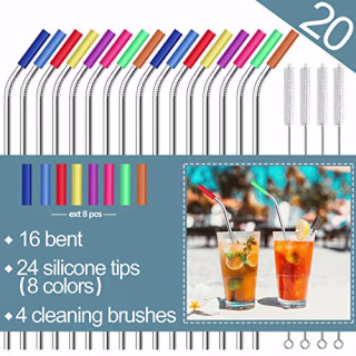 Stainless Steel Straws,Set of 16 10.5" FDA-Approved Reusable Drinking Straws for 30oz&amp;20oz Tumblers Cups Mugs,Metal Straws with 24 Soft Food-Grade Silicone Tips,4 Cleaning Brushes (16 bent)