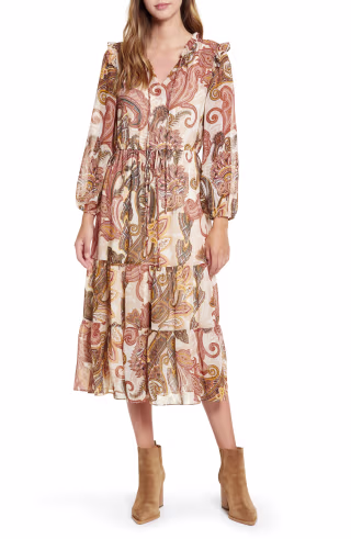Julia Jordan Long Sleeve Tiered Chiffon Midi Dress