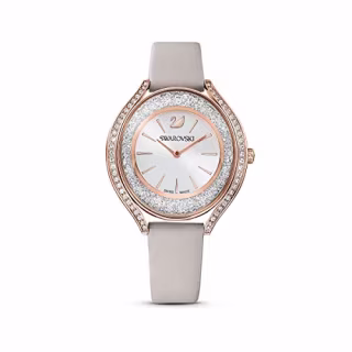 SWAROVSKI Women's Crystalline Aura Rose Gold Quartz Watch with Leather Strap, Gray, 3 (Model: 5519450)