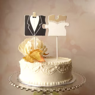 Wooden Heart Buttons Black Tie Mr. &amp; Mrs. Puzzle Piece Cake Topper