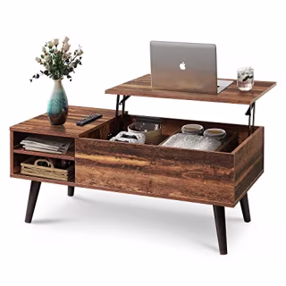 WLIVE Lift Top Coffee Table for Living Room,Small Coffee Table with Storage, Adjustable Shelf and Storage Compartment,Mid Century Modern Coffee Table,Wood,Rustic Brown.