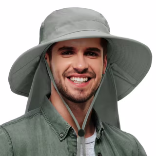 Men's Sun Hat with Neck Flap, Wide Brim Fishing Safari Hiking Hat, UPF 50+ Protection, Adjustable Chin Strap