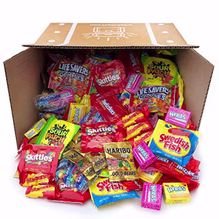 Halloween Assorted Candy Party Mix Bulk Twizzlers Nerds Swedish Fish Sour Patch Skittles Starburst and Much More of Your Favorite Candy. Over 200 Individually Wrapped Candy (90 oz) (Amazon)