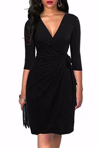 Liyinxi Sexy V Neck Draped Waist Sashes Three Quarter Sleeve Knee Length Black Midi Wedding Party Autumn Belted Wrap Dress (M, 6083-Black)