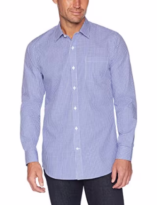 Amazon Essentials Men's Slim-Fit Wrinkle-Resistant Long-Sleeve Dress Shirt, Blue Gingham Plaid, 17" Neck 34"-35" Sleeve