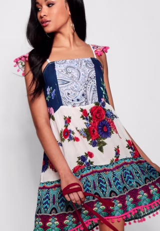 Patchwork Print Pom Pom Smock Dress