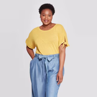 Women's Plus Size Linen Tie Short Sleeve Crewneck T-Shirt - Ava & Viv(TM)