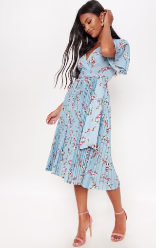 Dusty Blue Floral Pleated Midi Dress