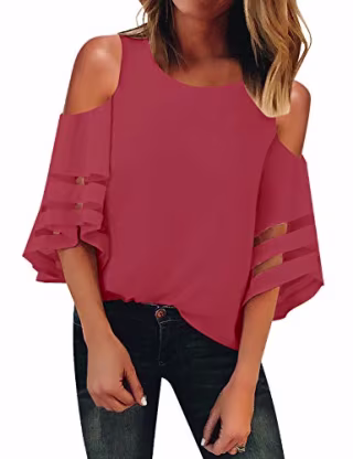 Mesh Panel Bell-Sleeve Blouse in Tea Rose