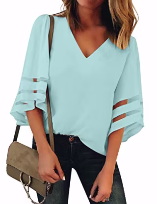 Mesh Panel Bell-Sleeve Blouse in Light Blue