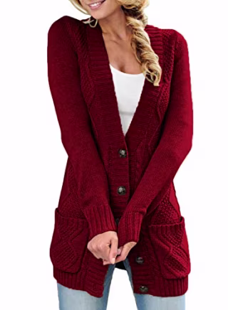 Sidefeel Women Open Front Cardigan Sweater Button Down Knit Sweater Coat X-Large Burgundy