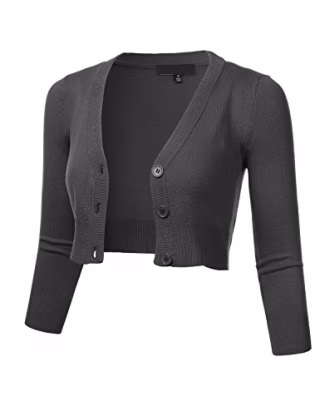 FLORIA Women's Solid Button Down 3/4 Sleeve Cropped Bolero Cardigan Sweater Charcoal S