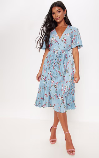 Dusty Blue Floral Pleated Midi Dress