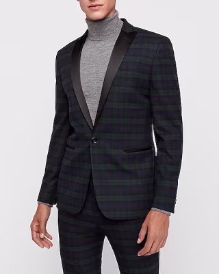 Express Extra Slim Green &amp; Black Plaid Tuxedo Jacket