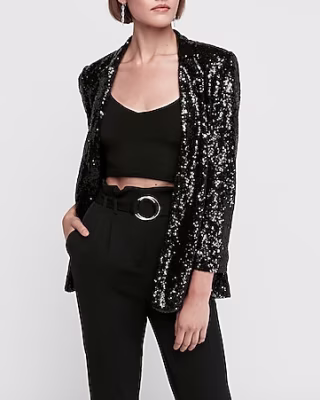 Notch Collar Long Sleeve Sequin Boyfriend Blazer