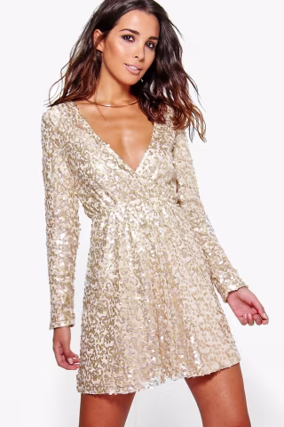 Boutique Sequin Wrap Skater Dress