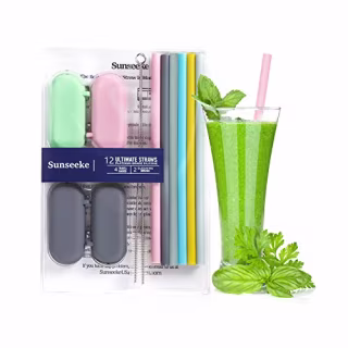 Sunseeke Silicone Straws Set - Odorless, 12 Standard Reusable Drinking Straws, 4 Carry Pouch, 2 Cleaning Brushes, FDA Certificated Food Grade Platinum Silicone - 8 1/2" Long