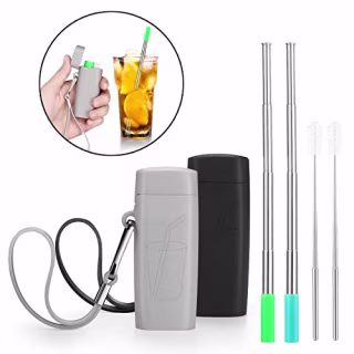 Vantic Portable Reusable Metal Straws- Telescopic Stainless Steel Travel Metal Straw with Carrying Case & Silicone Flex Tip, Cleaning Brush, 2 Pack(Black & Gray)