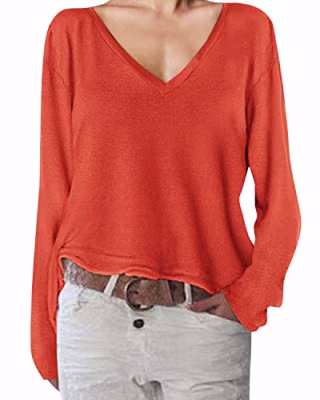 Auxo Women's Solid V Neck Long Sleeve T Shirt Casual Knit Tops Blouse Pullover Orange
