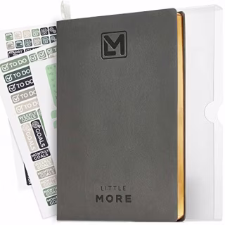 Little More Daily Organizer Planner in Protect Box - Undated Productivity Planner for Achieve Goals - A5 Vegan Leather 5.5"x8.5" - Calendar Stickers 2020 (Gray Gold)