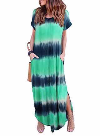 HUSKARY Women's Summer Maxi Dress Casual Loose Pockets Long Dress Short Sleeve Split -Tie Dye