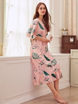 Shein Floral Print Ruffle Hem Nightdress