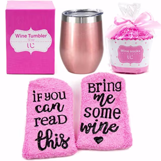 Stainless Steel 12 oz Wine Tumbler + Cupcake Wine Socks Gift Set | Double Insulated Stemless Wine Tumbler with Lid, Rose Gold | Includes Funny Socks"If You Can Read This, Bring Me Some Wine"