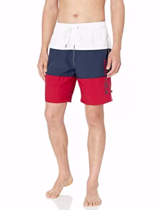 Nautica Men's Quick Dry Classic Logo Tri-Block Series Swim Trunk, Red, Medium
