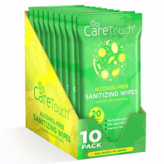 Care Touch Alcohol-Free Hand Sanitizing Wipes (10 Pouches) | 200 Antibacterial and Moisturizing Sanitizing Wipes with Vitamin E + Aloe Vera | for Babies and Adults