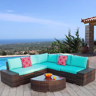 Polar Aurora 6-Piece Rattan Wicker Sectional Outdoor Sofa Set with Glass Wedge Table