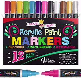 Acrylic Paint Markers - Acrylic Paint Pens for Rock Painting, Stone, Ceramic, Glass, Wood, Canvas - Reversible Tip Paint Pens- 6mm (12 Pack)