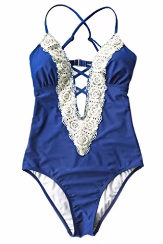 CUPSHE Women's Ladies Vintage Lace Bikini Sets Beach Swimwear Bathing Suit (S, Blue)