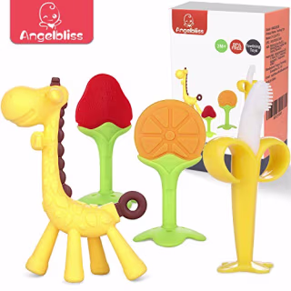 Teething Toys (4 Pack)-ANGELBLISS Baby Teething Toys Set/Baby teether chew Toys/Natural Organic Freezer Safe for Infants and Toddlers/BPA-Free Teether Set for Boys & Girls