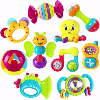 iPlay, iLearn 10pcs Baby Rattles Teether, Shaker, Grab and Spin Rattle, Musical Toy Set, Early Educational Toys for 3, 6, 9, 12 Month Baby Infant, Newborn