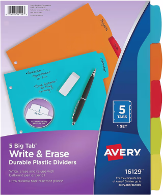 Avery Big Tab Write & Erase Plastic Dividers 5-Tab Assorted Colors (16129) 2609669