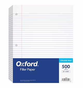Oxford Filler Paper, 8-1/2" x 11", College Rule, 3-Hole Punched, Loose-Leaf Paper for 3-Ring Binders, 500 Sheets Per Pack (62349),White