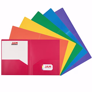 JAM Paper Heavy Duty Plastic Two-Pocket School Folders, Assorted Fashion Colors, 6/Pack (383HFASSRT)