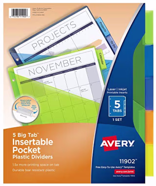Avery Plastic 5-Tab Binder Dividers with Pocket, Insertable Multicolor Big Tabs, 1 Set (11902)